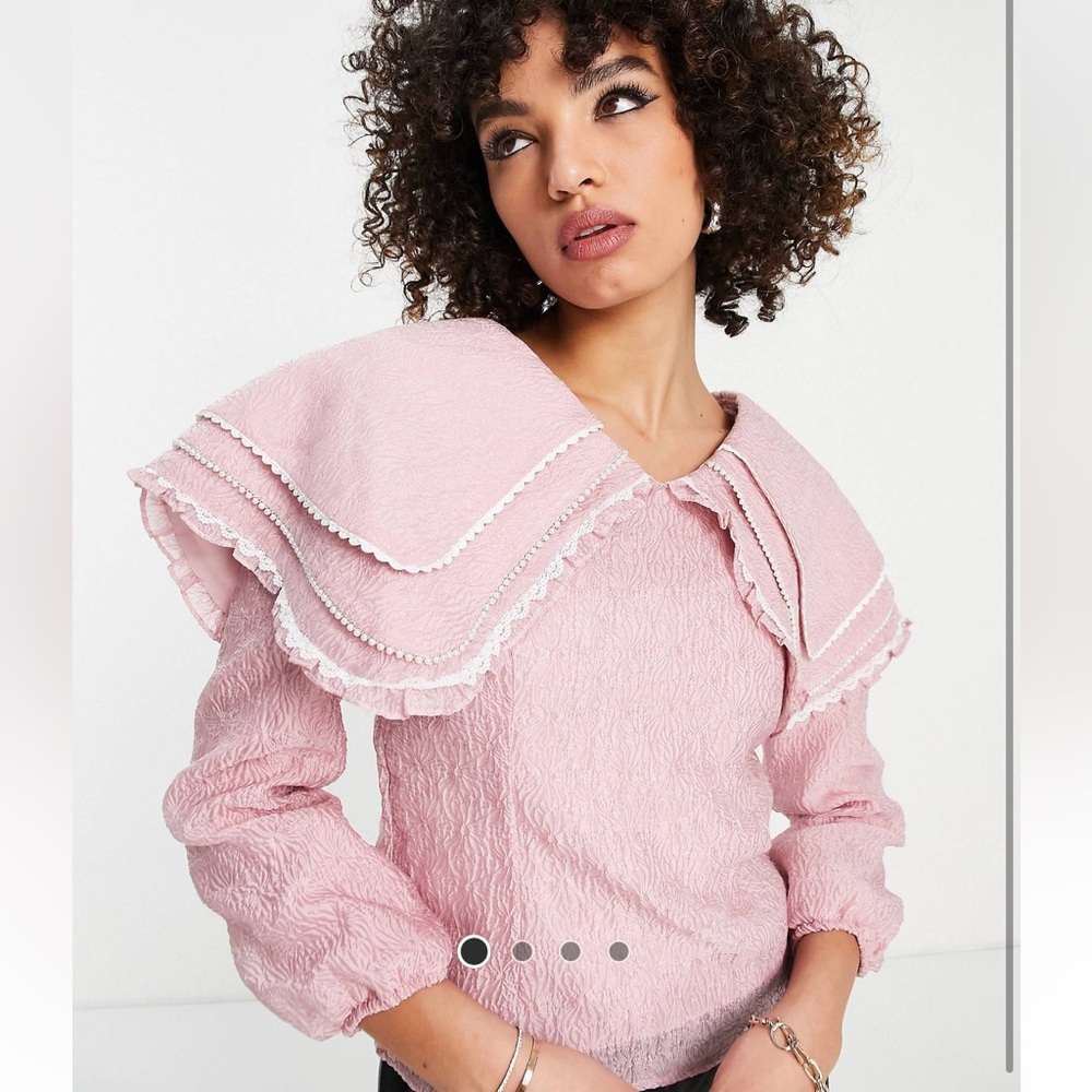 Sister Jane pink floral jacquard blouse with beaded oversized colllar